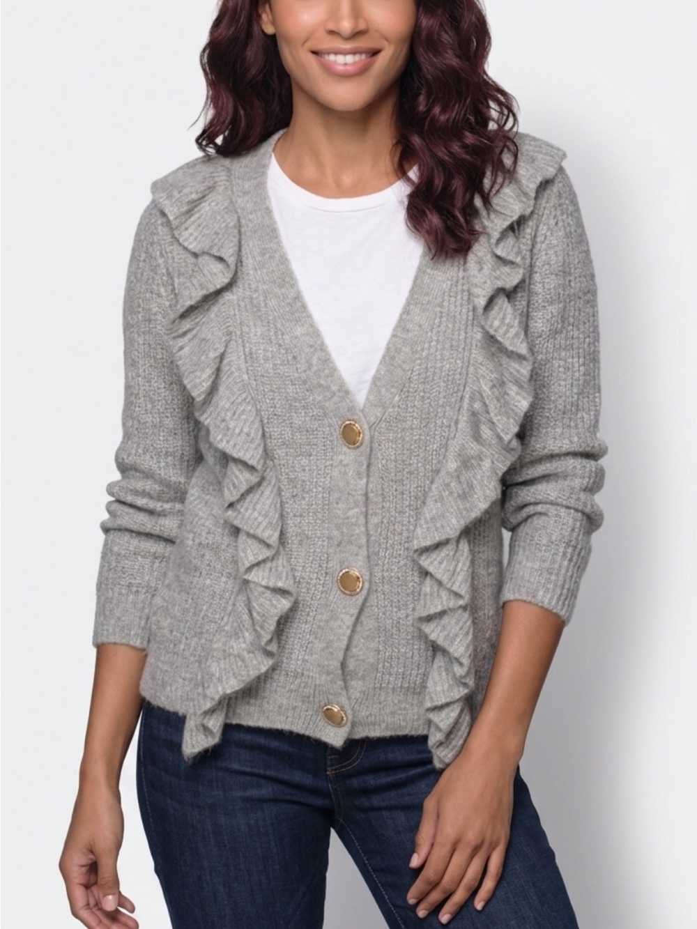 POL Gray Ruffle-Trim V-Neck Cardigan with Gold Buttons